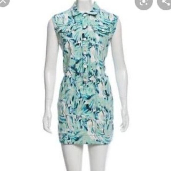 Kenzo Aquamarine teal leaf printed denim shirt mini dress 36 (US 4) - Picture 14 of 15